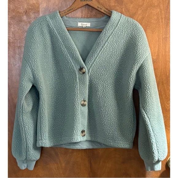 Madewell Resourced Fleece Cropped Teddy Cardigan Sweater Mint Green Oversized - Picture 2 of 14